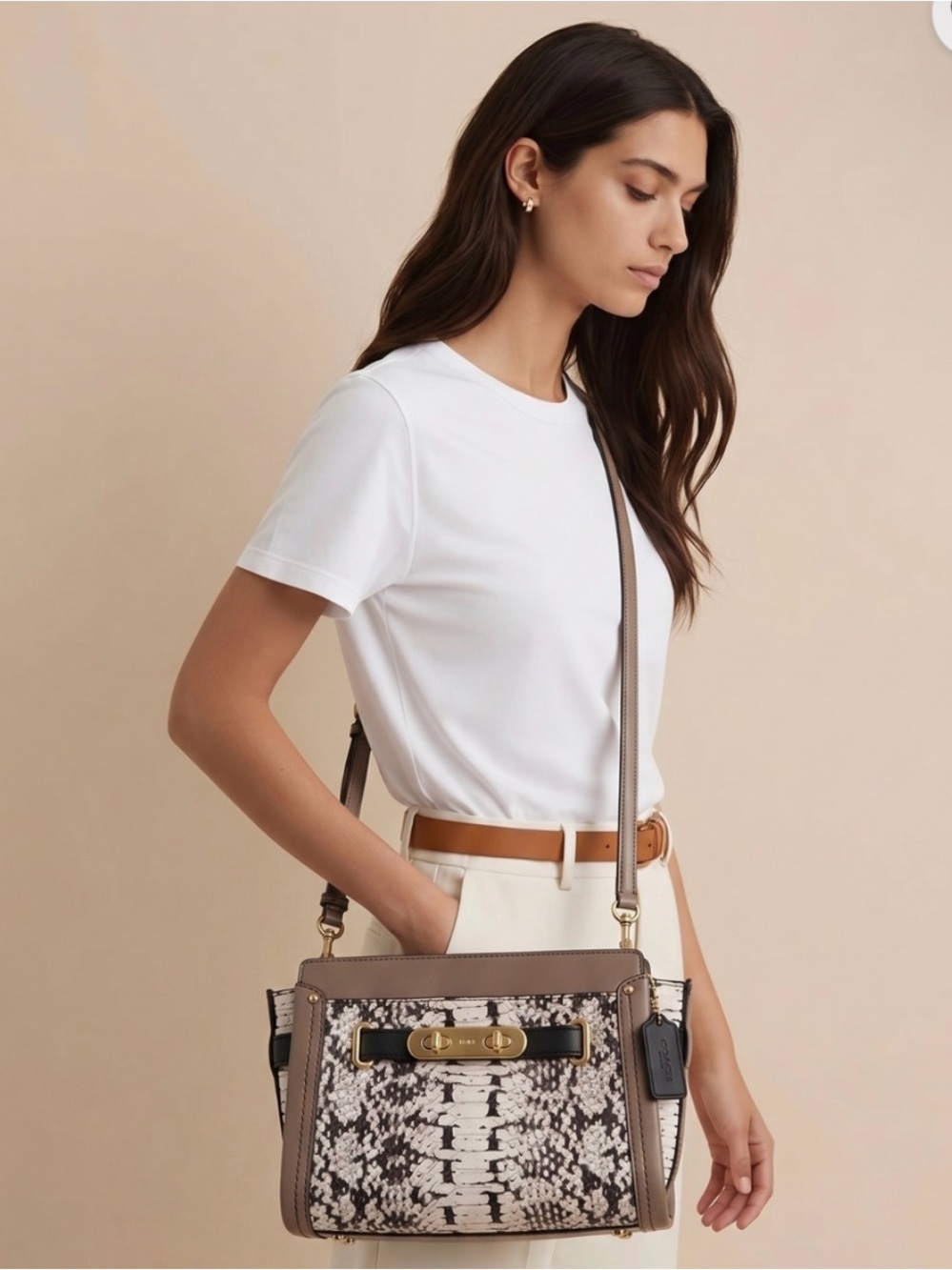 Coach Mini Swagger Taupe Snake-Print Crossbody Bag with Gold Hardware